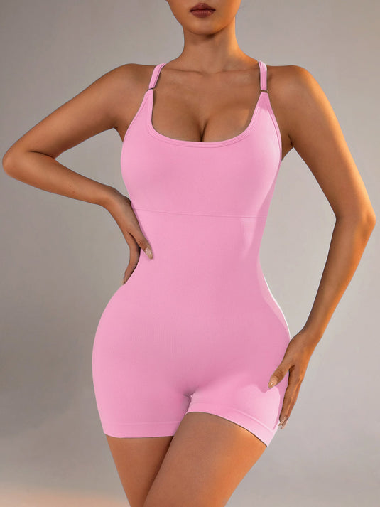 Translation missing: en.Size XS Light Pink Grey Nylon Seamless Yoga Bodysuit - Women's Athletic Romper, Crisscross Back, Workout Jumpsuit