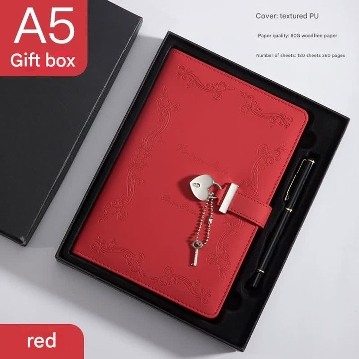 Translation missing: en.Heart Lock Diary with Key - Vintage Style Journal, Red PU Leather, Secure and Elegant