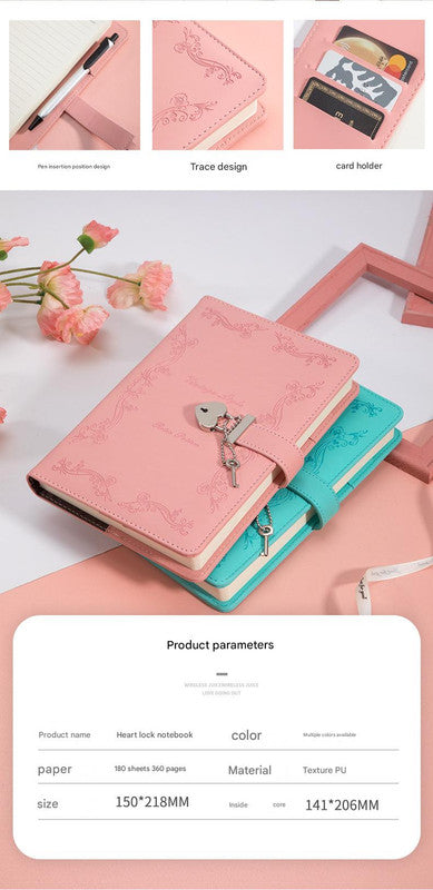 Translation missing: en.Heart Lock Diary with Key - Vintage Style Journal, Red PU Leather, Secure and Elegant