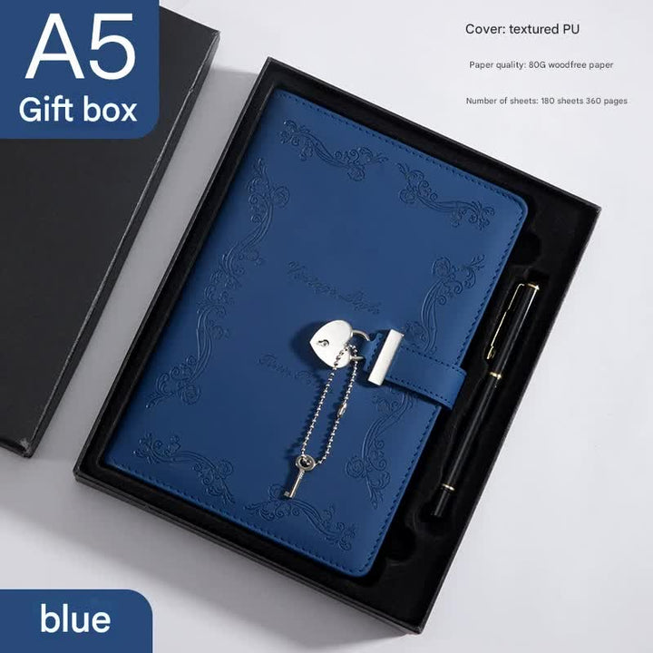 Translation missing: en.Heart Lock Diary with Key - Vintage Style Journal, Blue PU Leather, Secure and Elegant