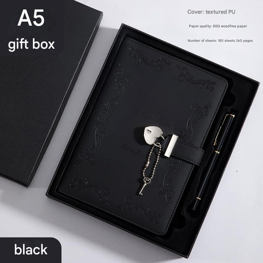 Translation missing: en.Heart Lock Diary with Key - Vintage Style Journal, Black PU Leather, Secure and Elegant
