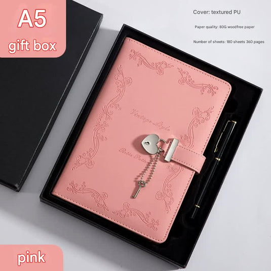 Translation missing: en.Heart Lock Diary with Key - Vintage Style Journal, Pink PU Leather, Secure and Elegant
