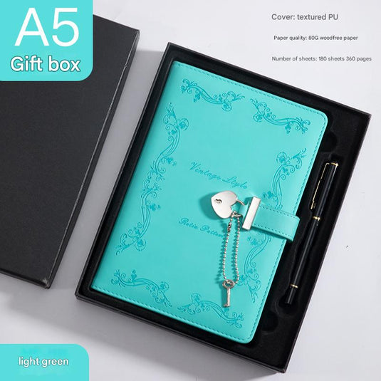 Translation missing: en.Heart Lock Diary with Key - Vintage Style Journal, Green PU Leather, Secure and Elegant