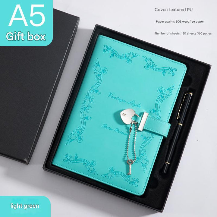 Translation missing: en.Heart Lock Diary with Key - Vintage Style Journal, Green PU Leather, Secure and Elegant