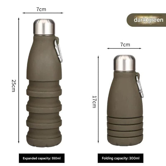Translation missing: en.Dark green Collapsible Silicone Water Bottle - Portable Sports Hydration Flask with Carabiner, 550ml/300ml
