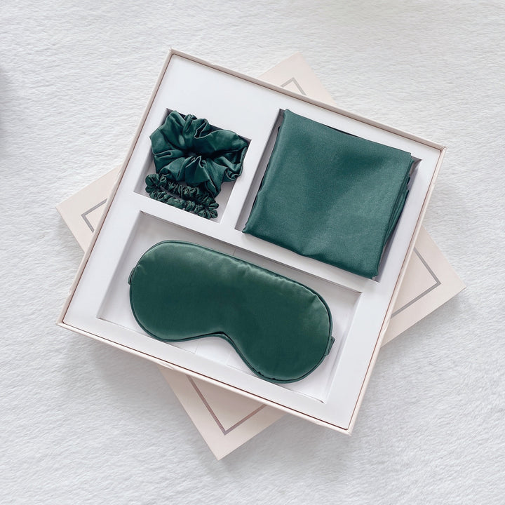 Translation missing: en.Luxury Satin Sleep Mask Gift Set,4-Piece with Pillowcase and Hair Accessories(Dark green)
