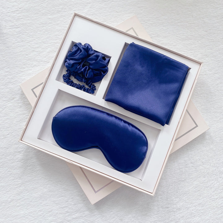 Translation missing: en.Luxury Satin Sleep Mask Gift Set,4-Piece with Pillowcase and Hair Accessories(Navy blue)