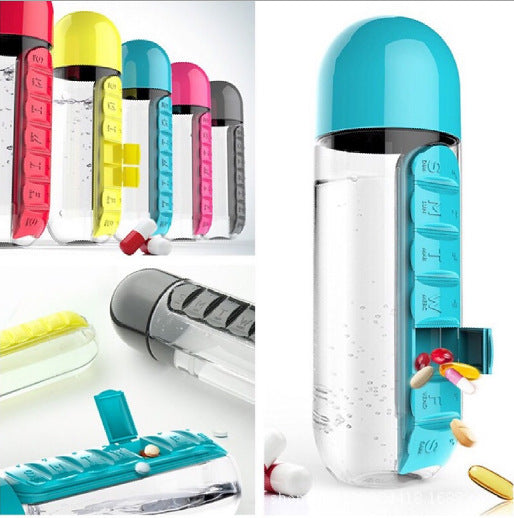 Translation missing: en.2pc 2-in-1 Water Bottle with 7-Day Pill Organizer - 600ml BPA-Free, Portable &amp; Leakproof(Rose)