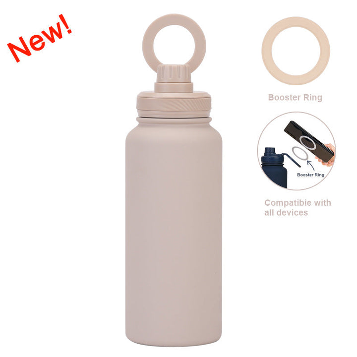 Translation missing: en.Beige 1L Stainless Steel Water Bottle with Magnetic Phone Holder Lid - Portable Hydration &amp; Hands-Free Stand