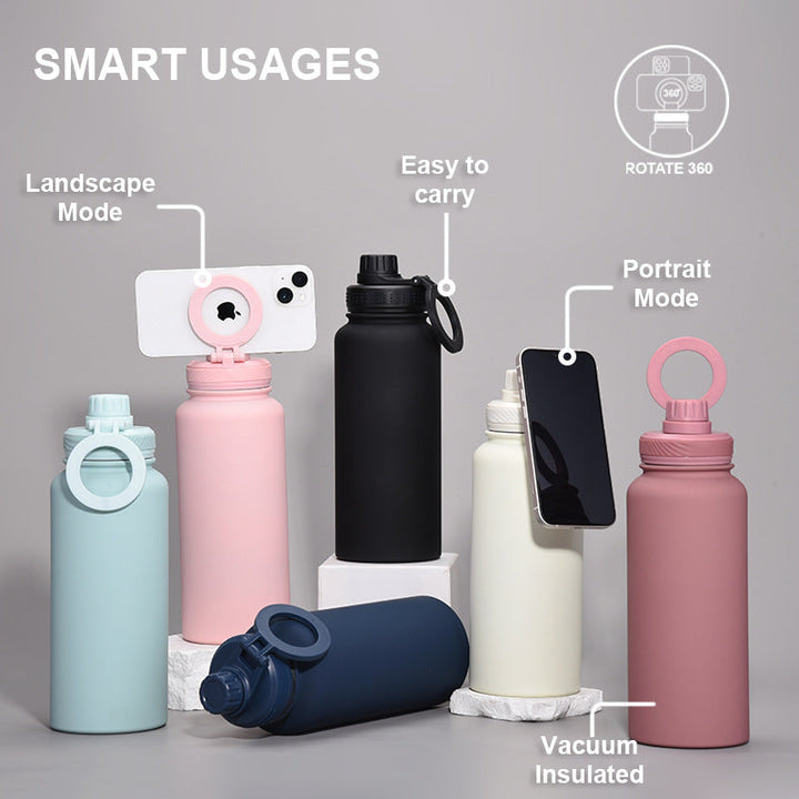 Translation missing: en.Beige 1L Stainless Steel Water Bottle with Magnetic Phone Holder Lid - Portable Hydration &amp; Hands-Free Stand