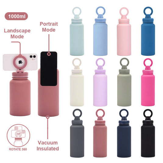Translation missing: en.Orange 1L Stainless Steel Water Bottle with Magnetic Phone Holder Lid - Portable Hydration &amp; Hands-Free Stand