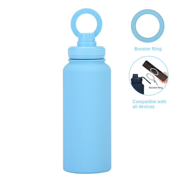 Translation missing: en.Light Blue 1L Stainless Steel Water Bottle with Magnetic Phone Holder Lid - Portable Hydration &amp; Hands-Free Stand