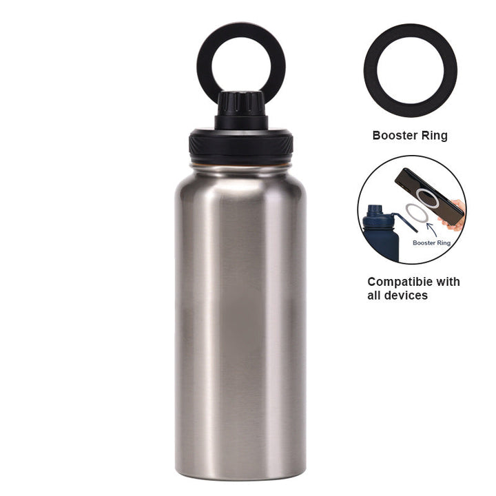 Translation missing: en.Silver and Black 1L Stainless Steel Water Bottle with Magnetic Phone Holder Lid - Portable Hydration &amp; Hands-Free Stand