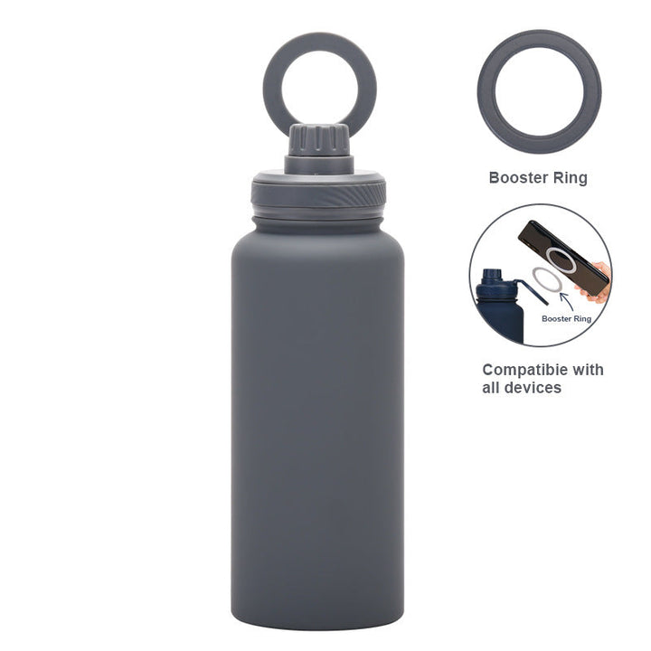 Translation missing: en.Grey 1L Stainless Steel Water Bottle with Magnetic Phone Holder Lid - Portable Hydration &amp; Hands-Free Stand