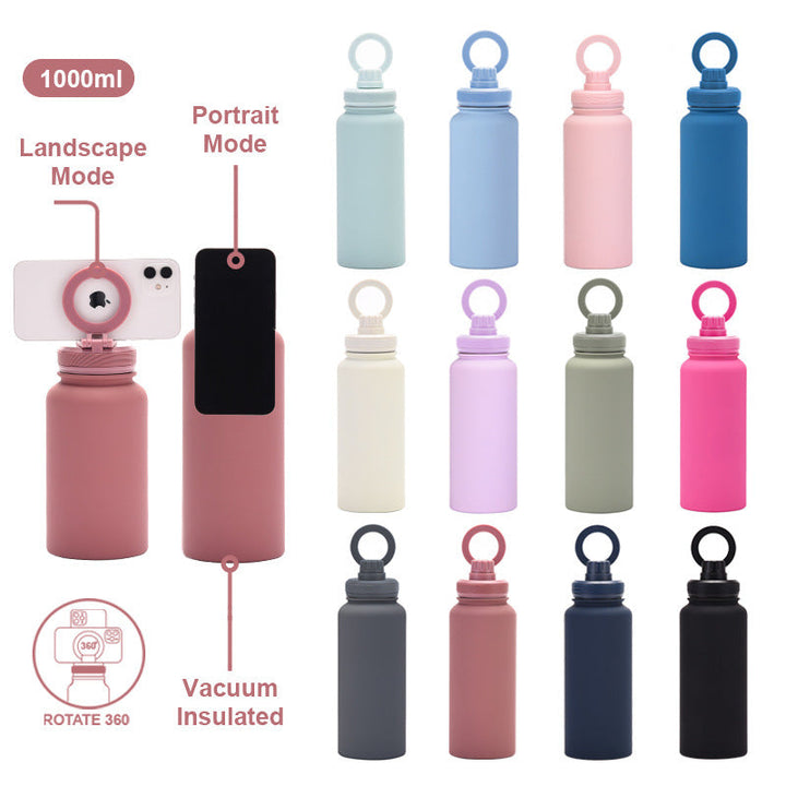 Translation missing: en.Rose Red 1L Stainless Steel Water Bottle with Magnetic Phone Holder Lid - Portable Hydration &amp; Hands-Free Stand