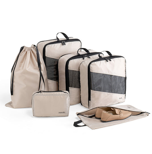 Translation missing: en.Beige and Black Premium 6-Piece Compression Packing Cubes Set - Lightweight Polyester Travel Organizers for Luggage, Includes Shoe Bag &amp; Toiletry Pouch