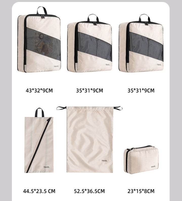 Translation missing: en.Beige and Black Premium 6-Piece Compression Packing Cubes Set - Lightweight Polyester Travel Organizers for Luggage, Includes Shoe Bag &amp; Toiletry Pouch