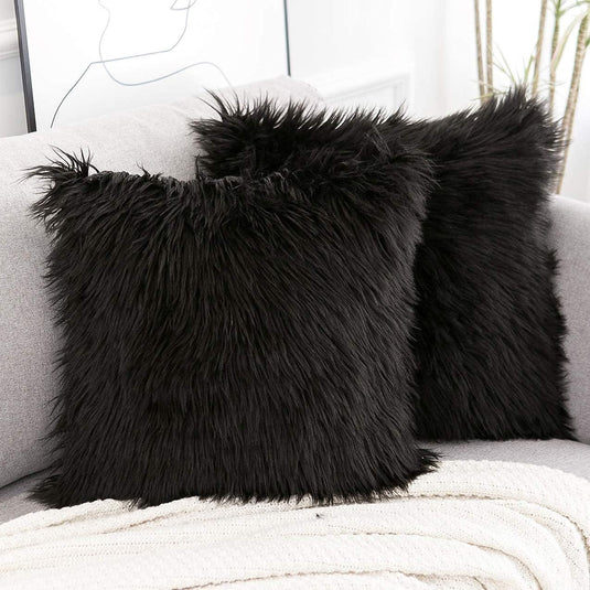 Translation missing: en.Black Luxurious Long Faux Fur Cushion Covers - Set of 2, 45x45cm Soft Plush Decorative Pillowcases for Sofa &amp; Bed