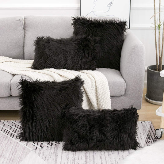 Translation missing: en.Black Luxurious Long Faux Fur Cushion Covers - Set of 2, 45x45cm Soft Plush Decorative Pillowcases for Sofa &amp; Bed