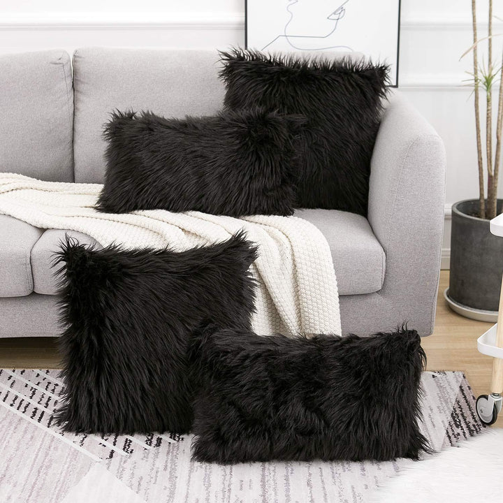 Translation missing: en.Black Luxurious Long Faux Fur Cushion Covers - Set of 2, 45x45cm Soft Plush Decorative Pillowcases for Sofa &amp; Bed