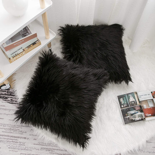 Translation missing: en.Black Luxurious Long Faux Fur Cushion Covers - Set of 2, 45x45cm Soft Plush Decorative Pillowcases for Sofa &amp; Bed