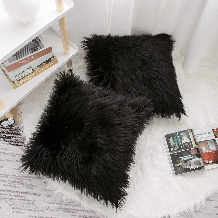 Translation missing: en.Black Luxurious Long Faux Fur Cushion Covers - Set of 2, 45x45cm Soft Plush Decorative Pillowcases for Sofa &amp; Bed