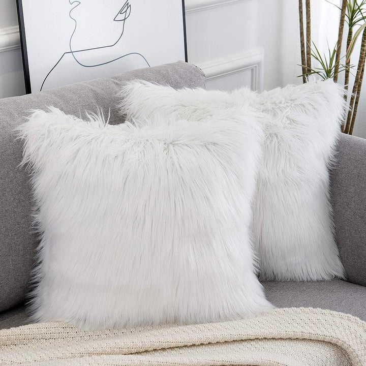 Translation missing: en.White Luxurious Long Faux Fur Cushion Covers - Set of 2, 45x45cm Soft Plush Decorative Pillowcases for Sofa &amp; Bed