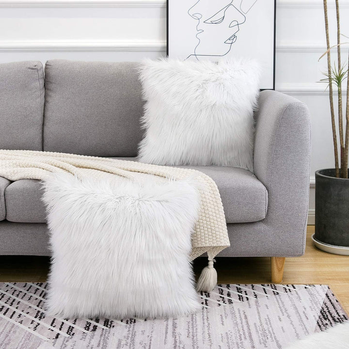 Translation missing: en.White Luxurious Long Faux Fur Cushion Covers - Set of 2, 45x45cm Soft Plush Decorative Pillowcases for Sofa &amp; Bed
