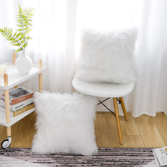Translation missing: en.White Luxurious Long Faux Fur Cushion Covers - Set of 2, 45x45cm Soft Plush Decorative Pillowcases for Sofa &amp; Bed