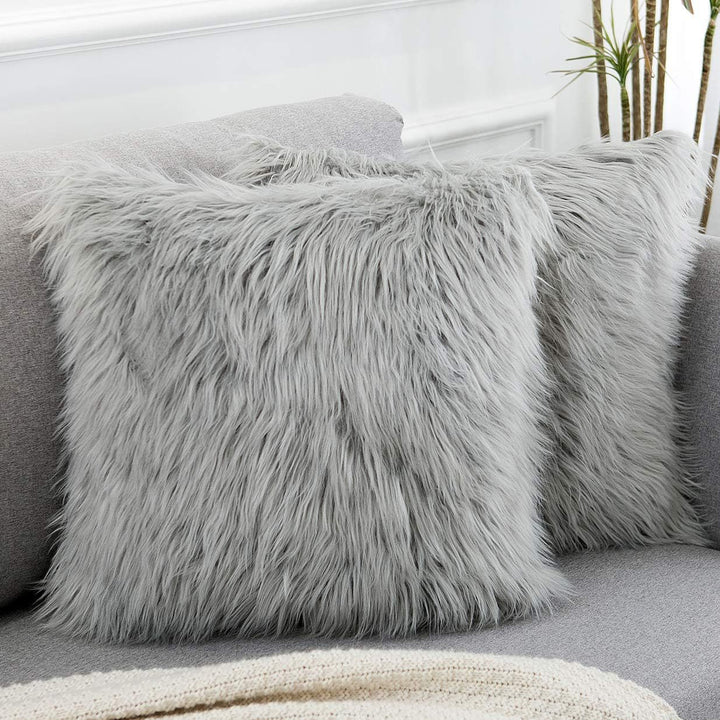 Translation missing: en.Grey Luxurious Long Faux Fur Cushion Covers - Set of 2, 45x45cm Soft Plush Decorative Pillowcases for Sofa &amp; Bed