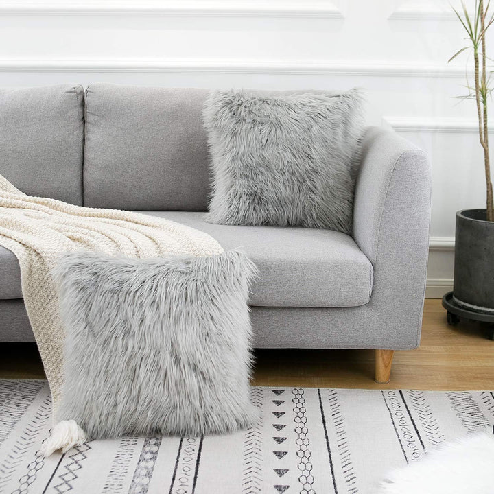 Translation missing: en.Grey Luxurious Long Faux Fur Cushion Covers - Set of 2, 45x45cm Soft Plush Decorative Pillowcases for Sofa &amp; Bed