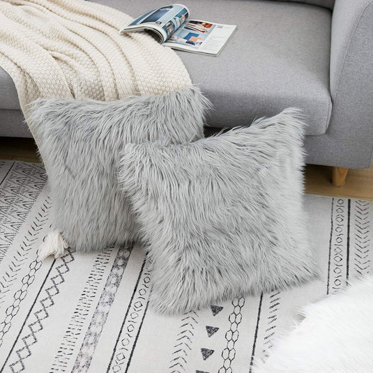 Translation missing: en.Grey Luxurious Long Faux Fur Cushion Covers - Set of 2, 45x45cm Soft Plush Decorative Pillowcases for Sofa &amp; Bed