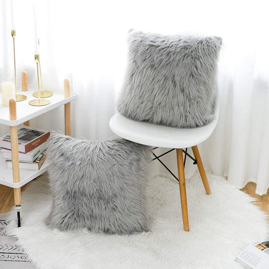 Translation missing: en.Grey Luxurious Long Faux Fur Cushion Covers - Set of 2, 45x45cm Soft Plush Decorative Pillowcases for Sofa &amp; Bed