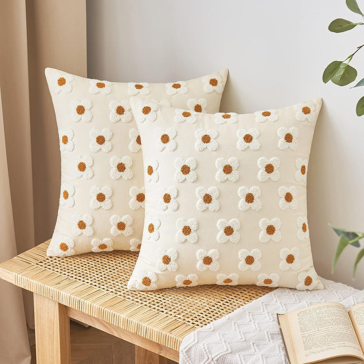Translation missing: en.Beige and Khaki Charming 3D Daisy Embroidered Canvas Cushion Covers - Set of 2, 45x45cm Soft Textured Decorative Pillowcases