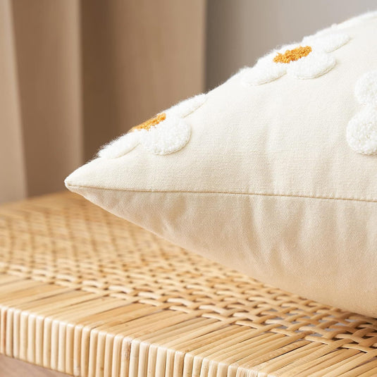 Translation missing: en.Beige and Khaki Charming 3D Daisy Embroidered Canvas Cushion Covers - Set of 2, 45x45cm Soft Textured Decorative Pillowcases
