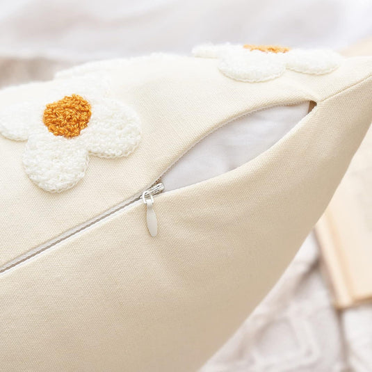 Translation missing: en.Beige and Khaki Charming 3D Daisy Embroidered Canvas Cushion Covers - Set of 2, 45x45cm Soft Textured Decorative Pillowcases