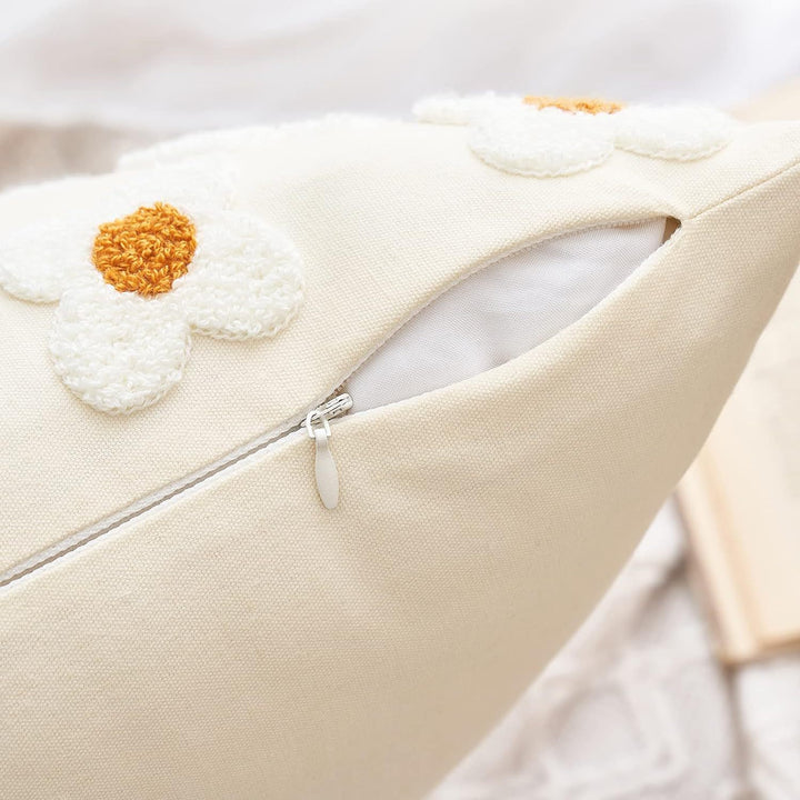 Translation missing: en.Beige and Khaki Charming 3D Daisy Embroidered Canvas Cushion Covers - Set of 2, 45x45cm Soft Textured Decorative Pillowcases