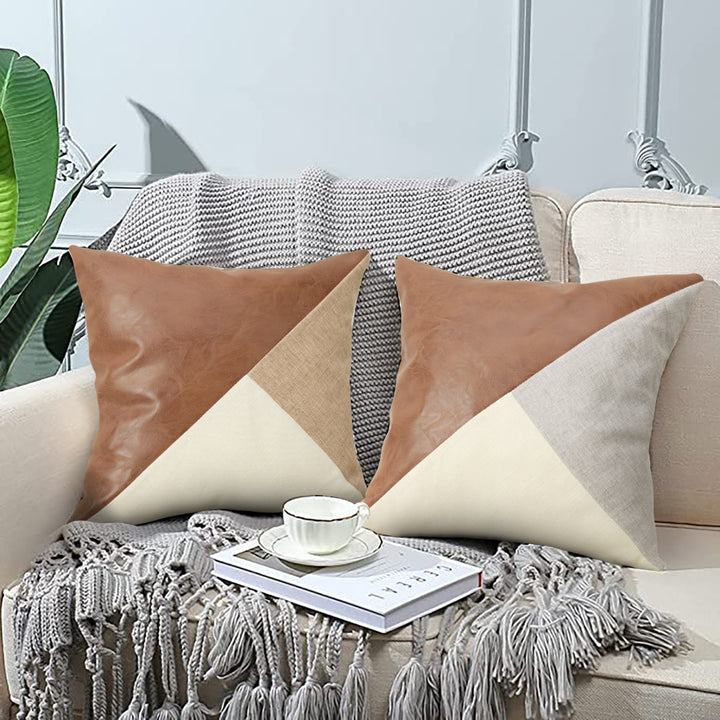 Translation missing: en.Khaki and Gray Modern Geometric Faux Leather &amp; Cotton-Linen Cushion Covers - Set of 2, 45x45cm Decorative Pillowcases for Sofa &amp; Car