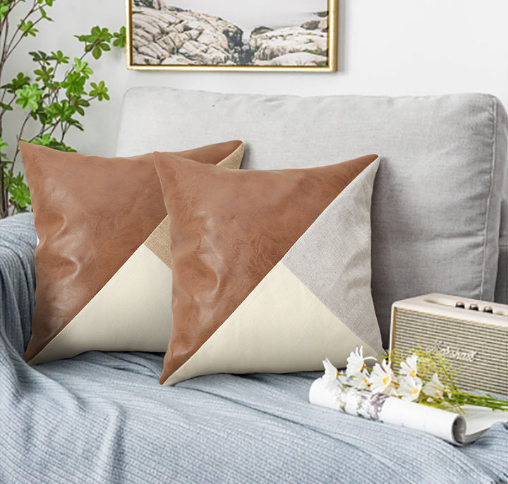 Translation missing: en.Khaki and Gray Modern Geometric Faux Leather &amp; Cotton-Linen Cushion Covers - Set of 2, 45x45cm Decorative Pillowcases for Sofa &amp; Car