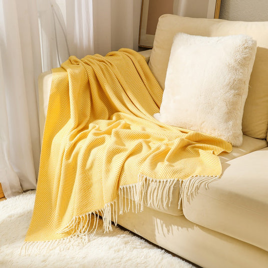 Translation missing: en.Yellow Elegant Herringbone Tassel Throw Blanket - Large Acrylic Faux Cashmere Soft Cozy Blanket for Sofa, Bed &amp; Decor (130x240cm)
