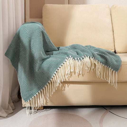 Translation missing: en.Green Elegant Herringbone Tassel Throw Blanket - Large Acrylic Faux Cashmere Soft Cozy Blanket for Sofa, Bed &amp; Decor (130x240cm)