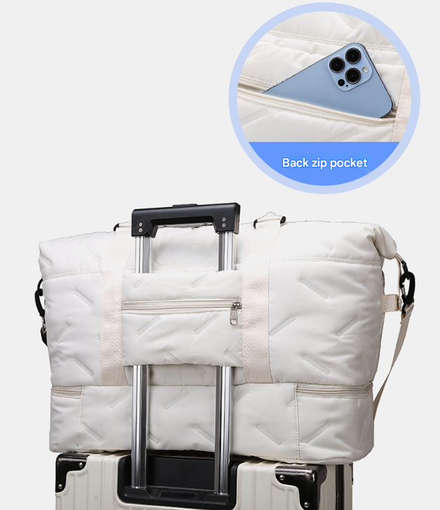 Translation missing: en.Grey Stylish Quilted Duffel Bag for Travel &amp; Gym - Large Capacity Weekender with Shoe Compartment and Wet Pocket