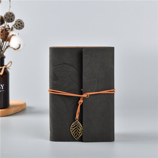 Translation missing: en.2PCS Black Vintage A5 PU Leather Journal with Leaf Charm - Ring Bound Refillable Notebook Set