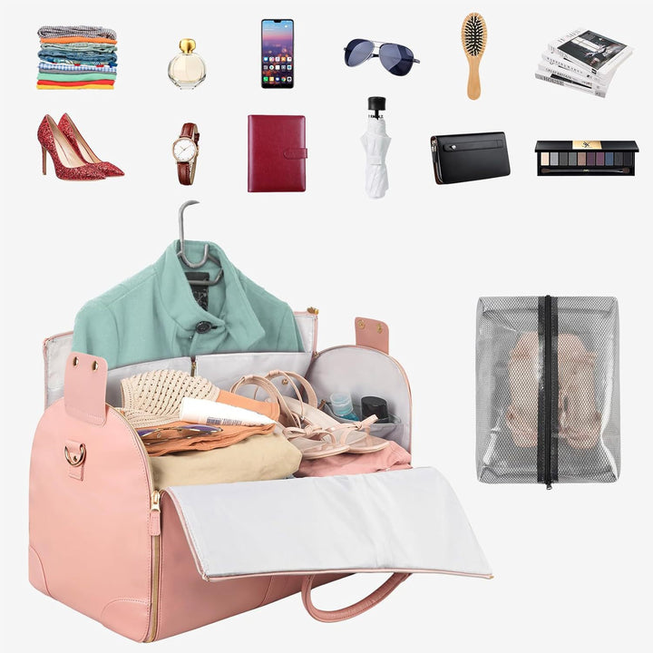 Translation missing: en.Brown 56-75L Large Capacity Foldable Garment Duffel Bag with Shoe Pouch - PU Leather Convertible Suit Carrier, Anti-Wrinkle Travel &amp; Weekender Bag