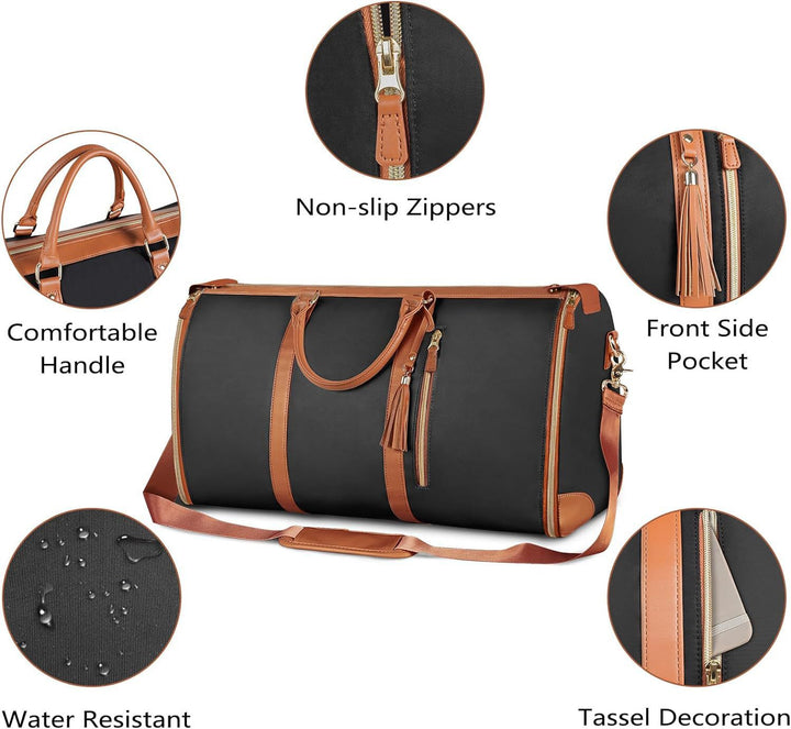 Translation missing: en.Black 56-75L Large Capacity Foldable Garment Duffel Bag with Shoe Pouch - PU Leather Convertible Suit Carrier, Anti-Wrinkle Travel &amp; Weekender Bag