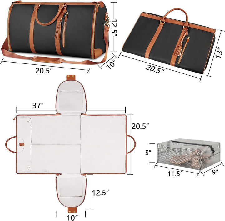 Translation missing: en.Black 56-75L Large Capacity Foldable Garment Duffel Bag with Shoe Pouch - PU Leather Convertible Suit Carrier, Anti-Wrinkle Travel &amp; Weekender Bag