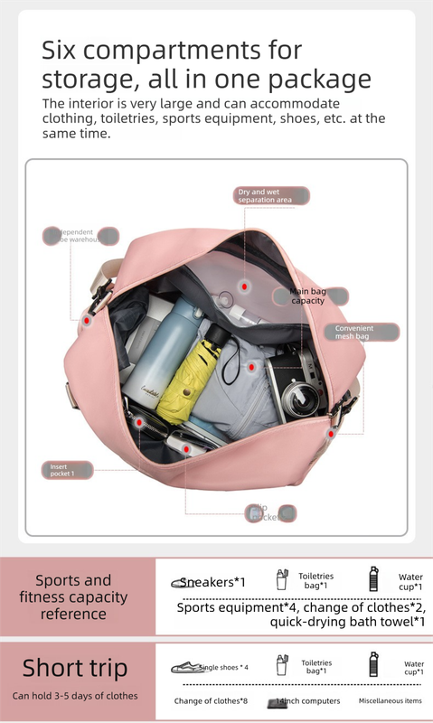 Translation missing: en.Large Travel Duffle Bag Gym Sports Weekender with Shoe Compartment Wet Pocket Lightweight Carry On Luggage Bag (Pink)