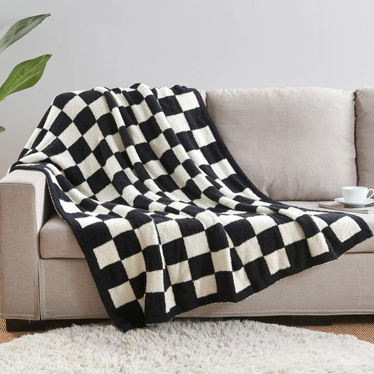 Translation missing: en.Black and White Premium Knitted Checkerboard Throw Blanket(130 x 150 CM) - Soft Half-Velvet Fleece Nap Blanket, Couch Throw &amp; Office Decorative Wrap
