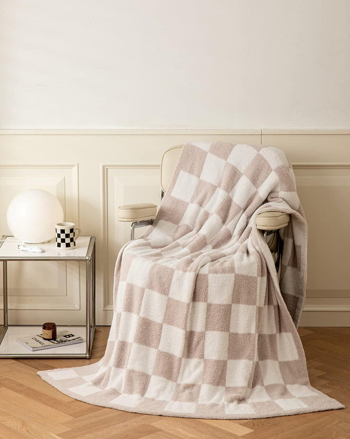 Translation missing: en.Khaki and White Premium Knitted Checkerboard Throw Blanket(130 x 150 CM) - Soft Half-Velvet Fleece Nap Blanket, Couch Throw &amp; Office Decorative Wrap