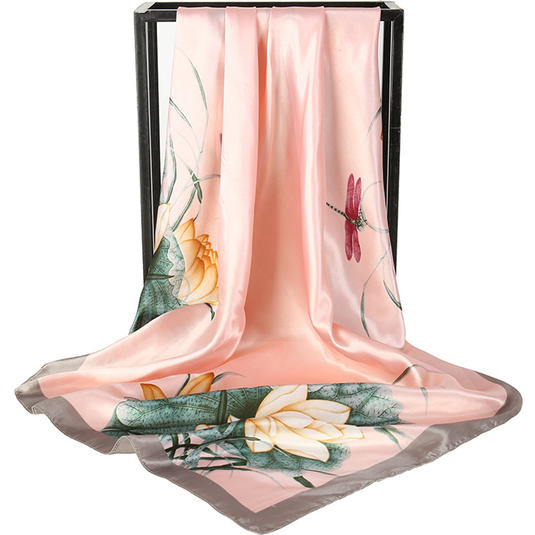 Translation missing: en.Pink Dragonfly and Lotus Flower Painting Elegant 90x90cm Satin Silk Scarf for Women - Double-Sided Printed Square Headscarf Shawl Wrap - Lightweight Versatile Fashion Accessory for Mother's Day Gift